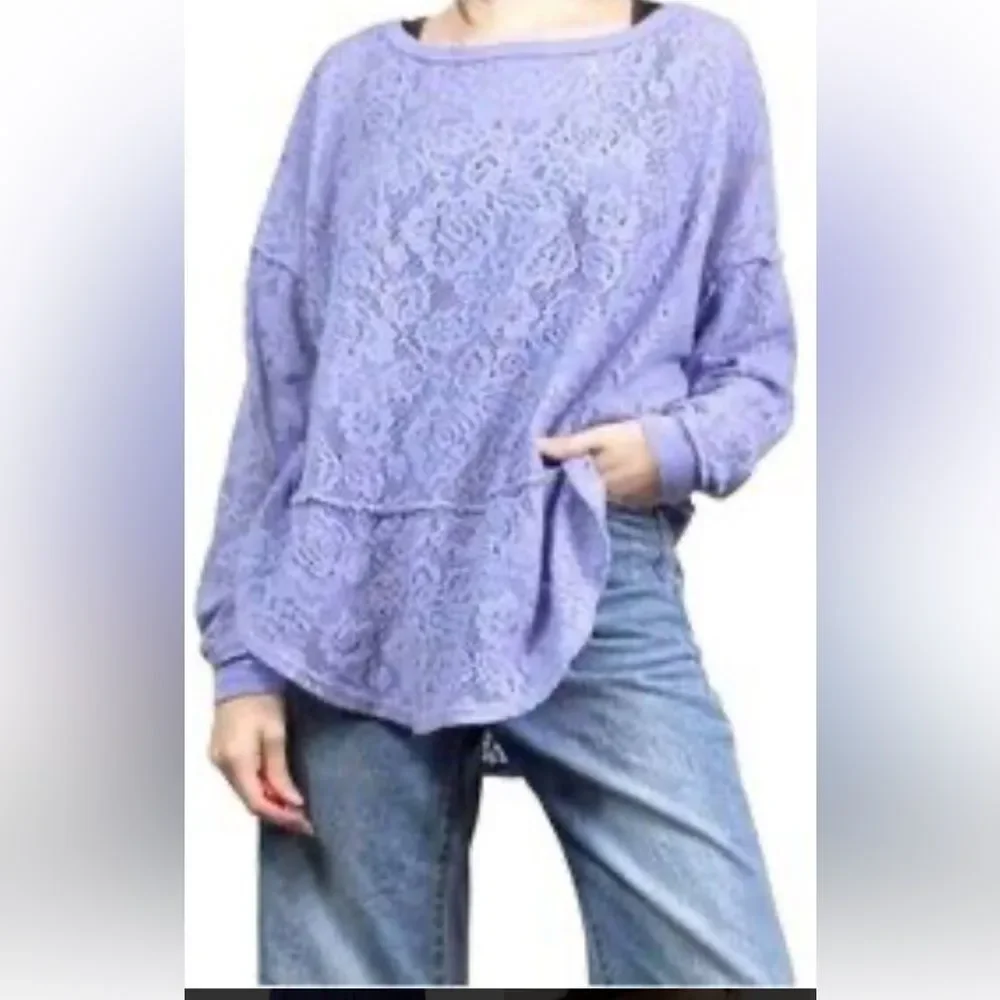 Free People Not Cold in This Lilac Lace Pullover Crew Top Size Small